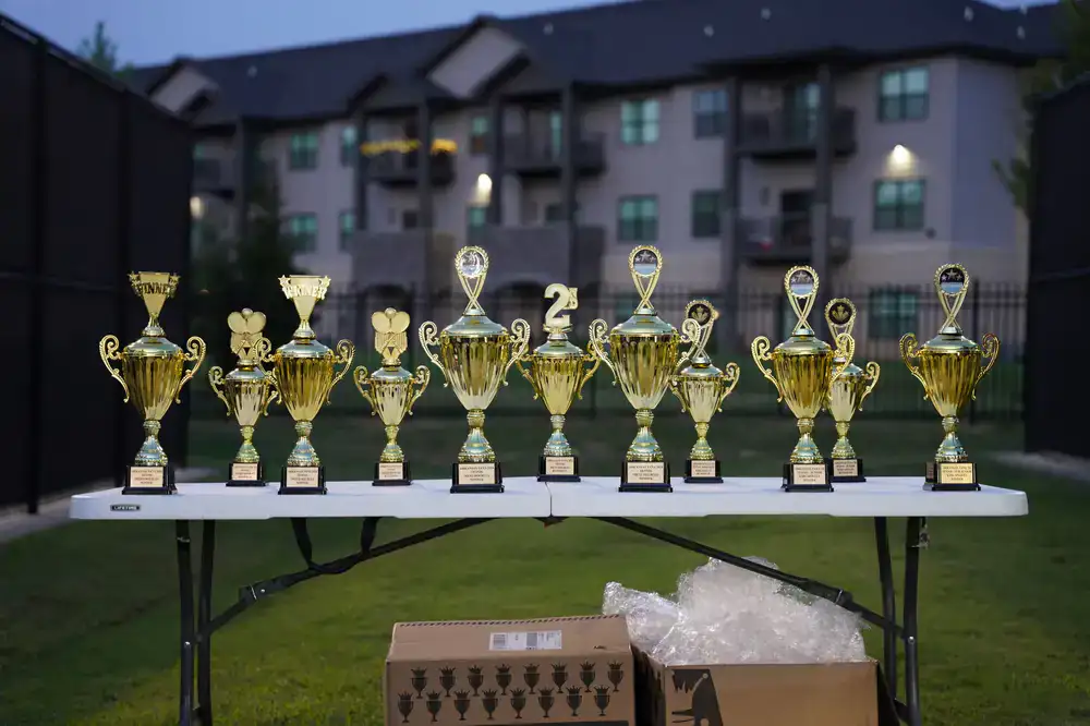 Rows of custom game jam trophies and developer hardware prizes